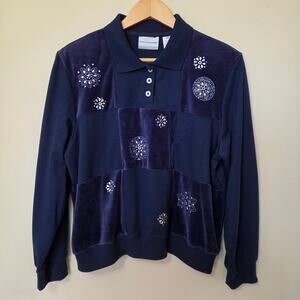 Vtg Alfred Dunner PXL Knit Velour Patchwork Floral Rhinestone Polo Sweatshirt